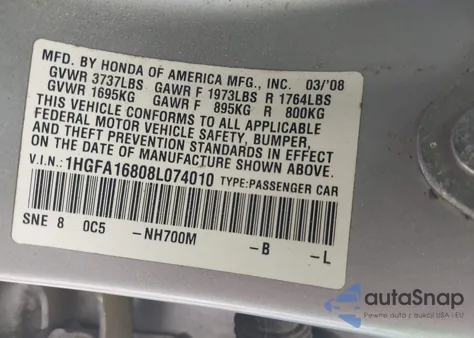 2008 Honda Civic Ex z USA, uszkodzony, nr VIN 1HGFA16808L074010